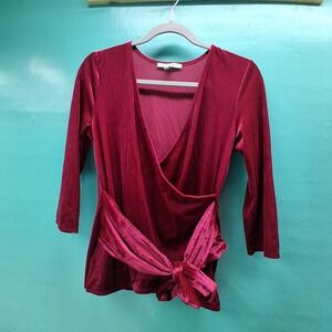 Express One Eleven Wrap Top Medium Burgundy Ribbed Velvet Side Tie Holiday Party